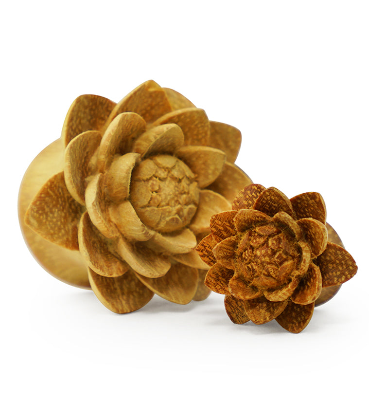 Jackfruit Wood Carved Camellia Flower Plugs (4 Gauge - 1 & 1/4