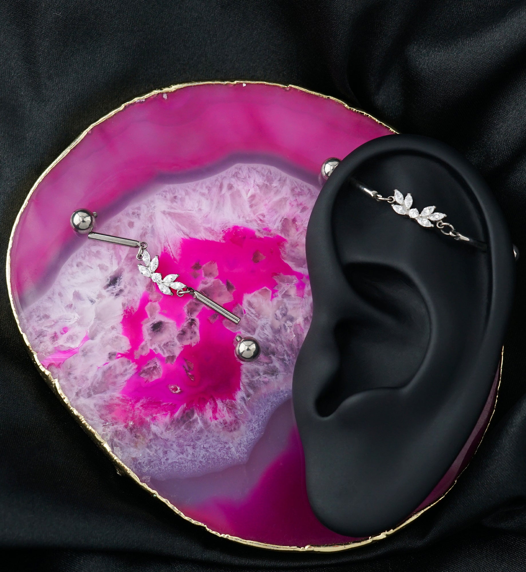 Laurel Dangle Clear CZ Internally Threaded Titanium Industrial Barbell