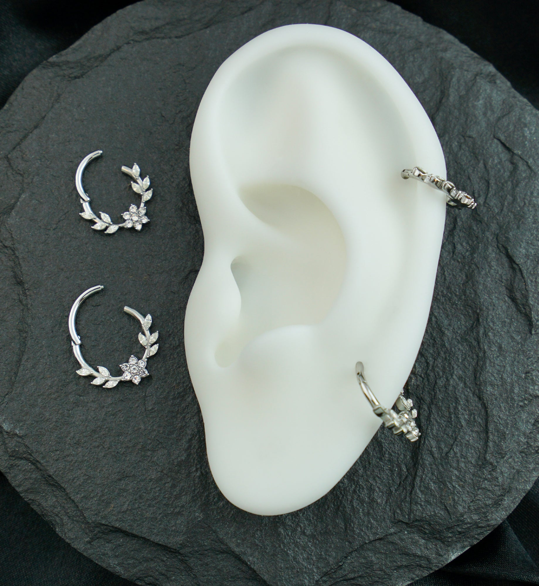 Laurel Flower Clear CZ Stainless Steel Hinged Segment Ring