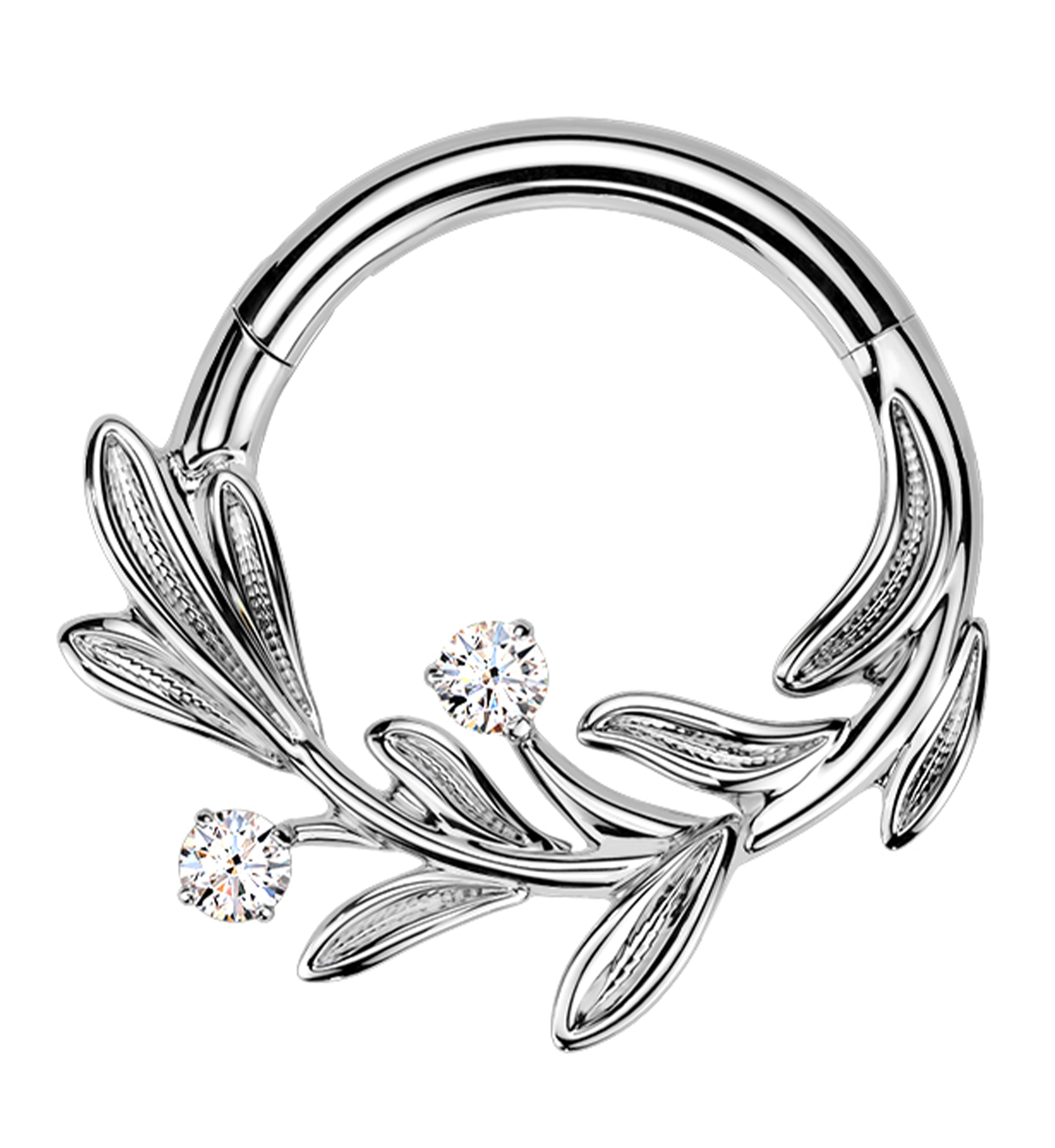 Laurel Olive Leaf Clear CZ Titanium Hinged Segment Ring
