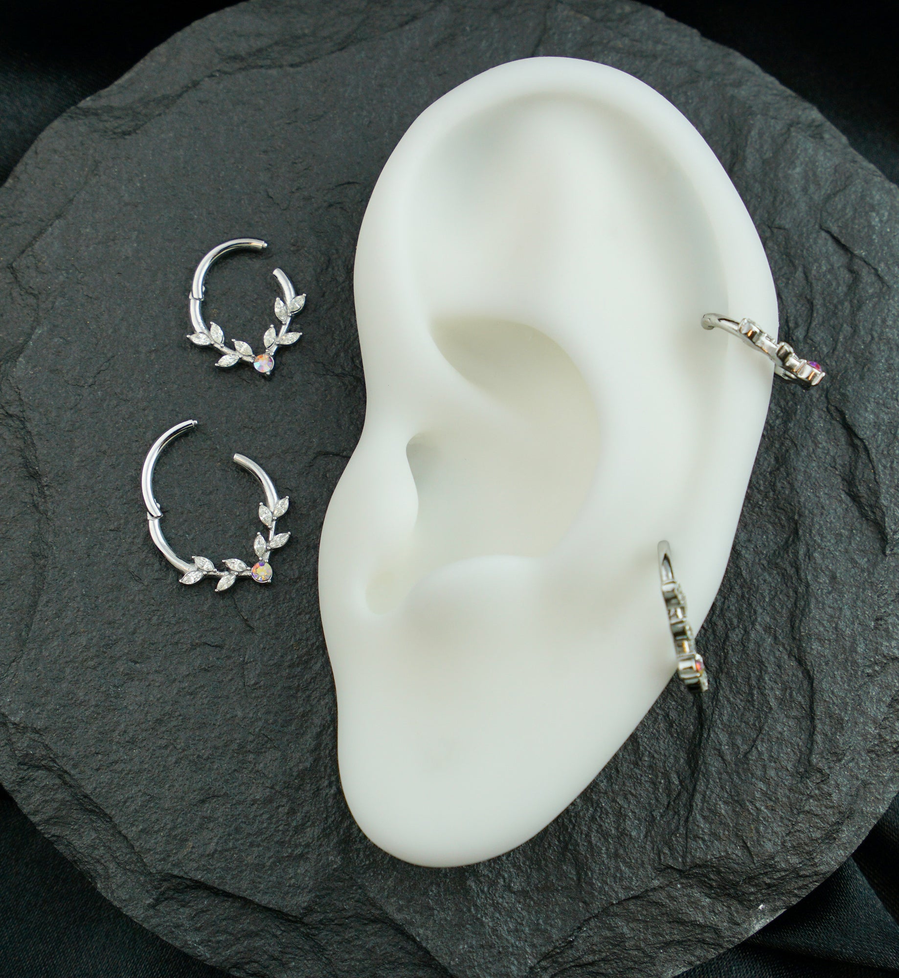 Laurel Vine Clear And Rainbow Aurora CZ Stainless Steel Hinged Segment Ring