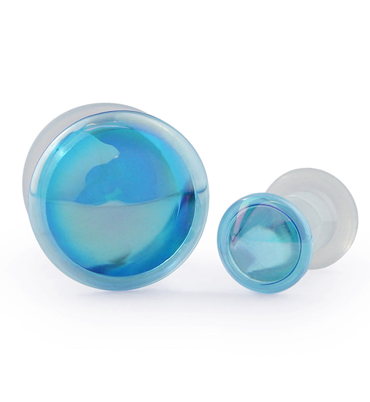 Light Blue Oil Splash Single Flare Glass Plugs