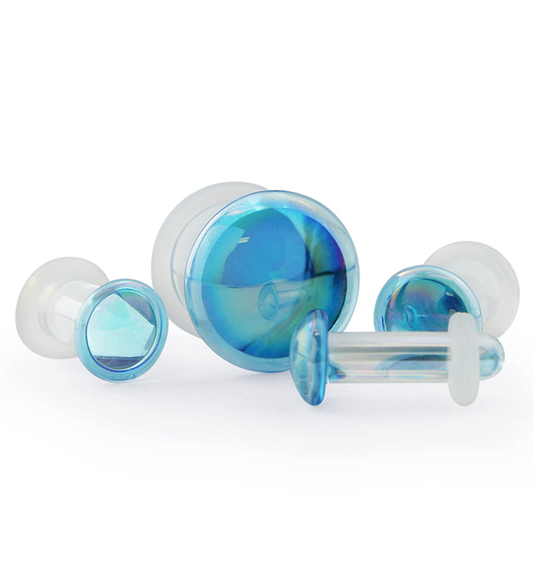 Light Blue Oil Splash Single Flare Glass Plugs