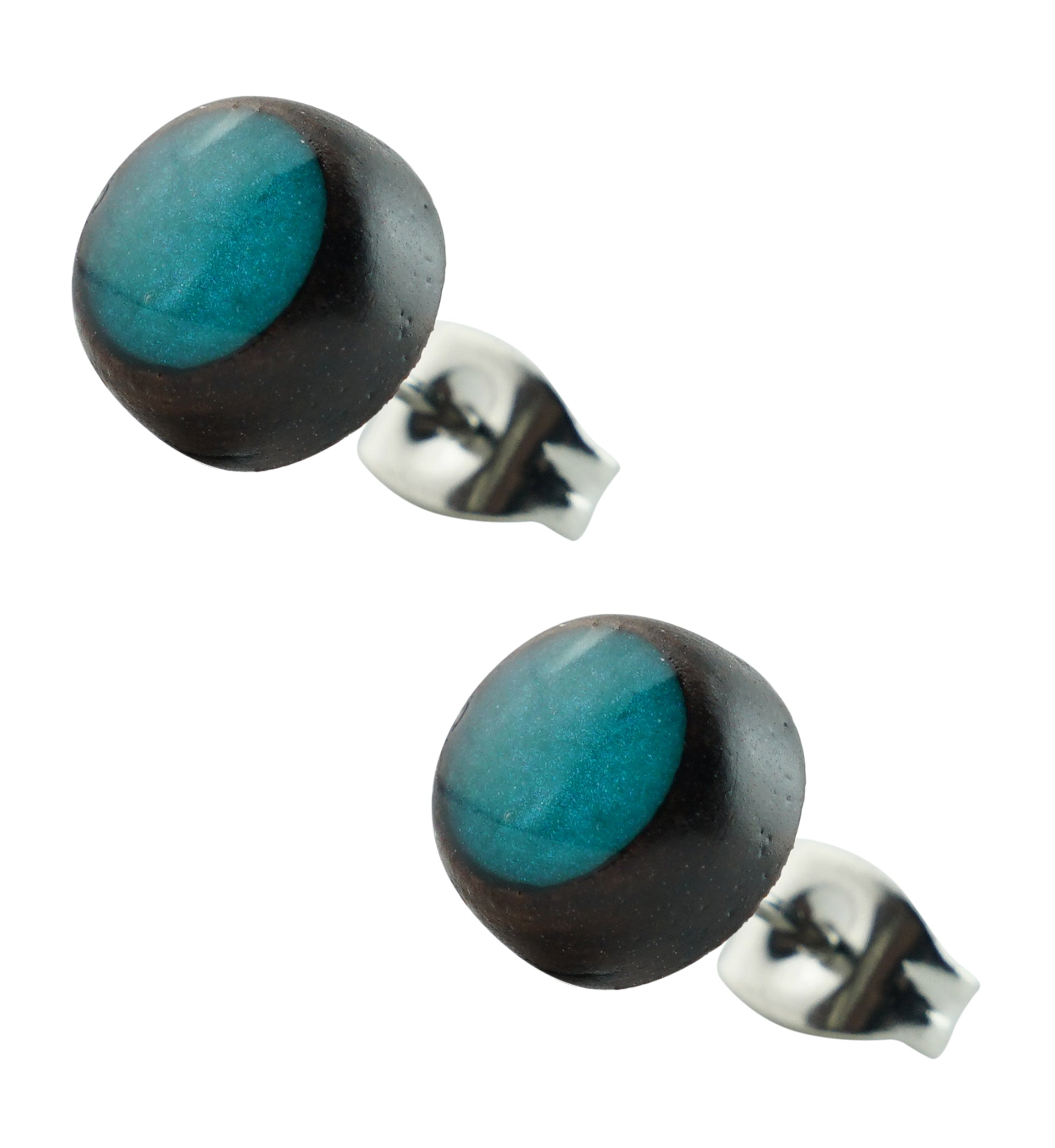 Light Blue Resin Inlay Wooden Stainless Steel Stud Earrings