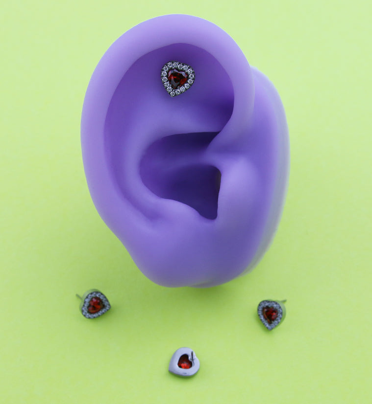 Lined Heart Red CZ Titanium Threadless Top