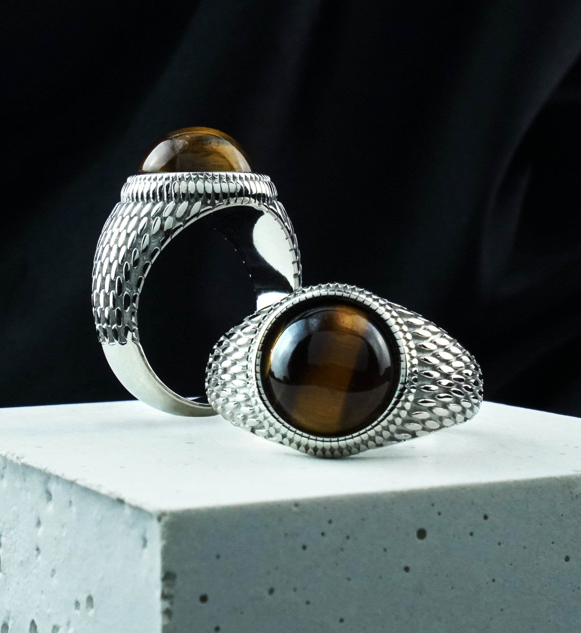 Lizard Skin Tiger Eye Stone Inlay Stainless Steel Ring