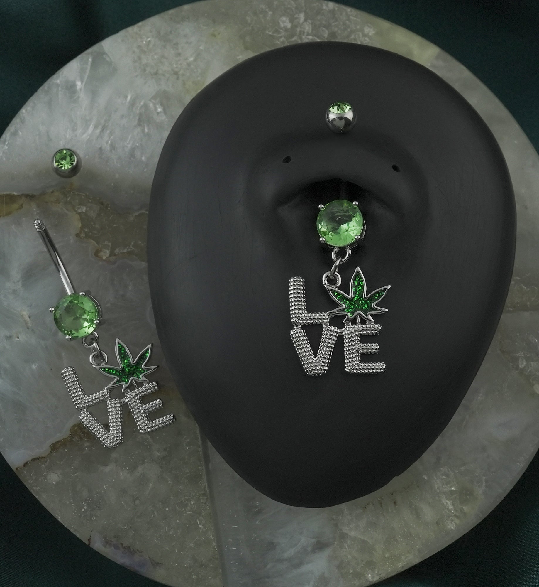 Love Hemp Leaf Green CZ Stainless Steel Belly Button Ring