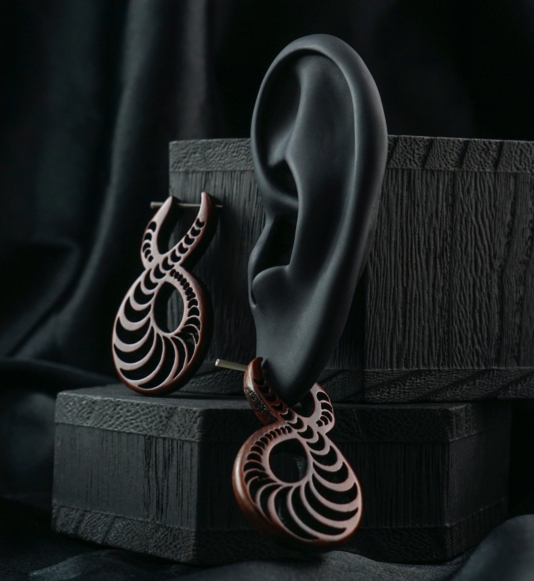 Lunar Spiral Narra Wood Earrings