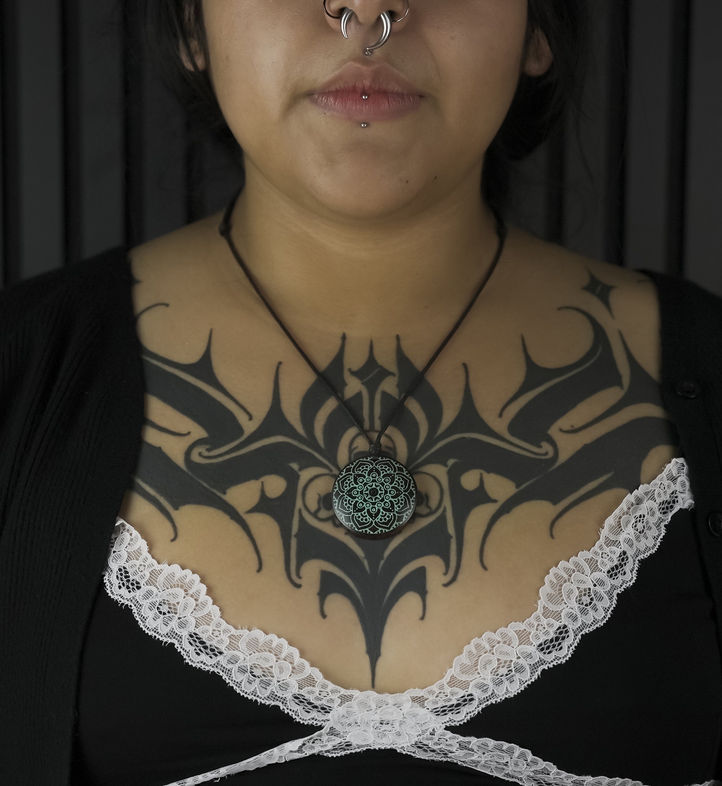 Mandala Engraved Turquoise Howlite Narra Wood Pendant Necklace