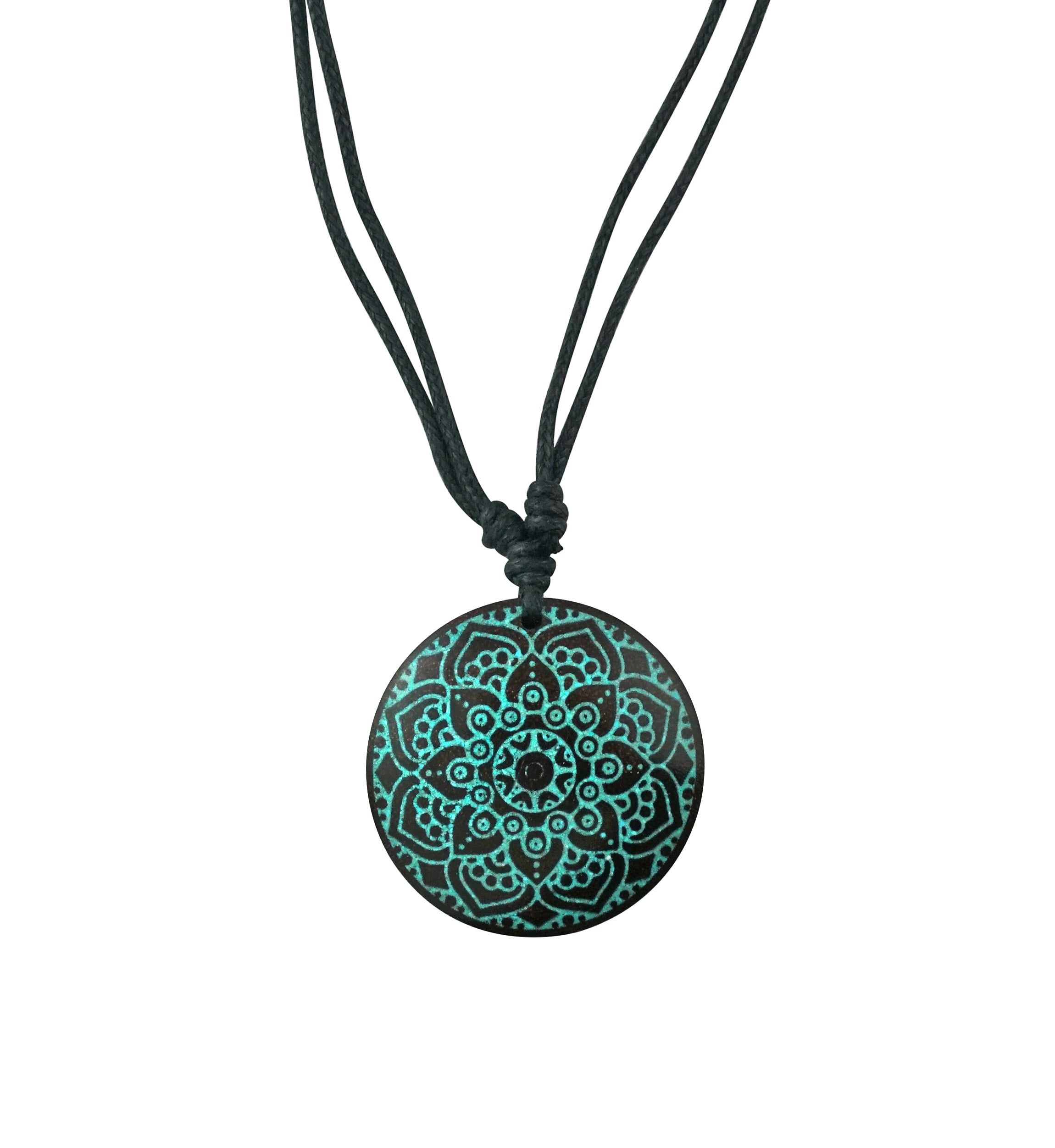 Mandala Engraved Turquoise Howlite Narra Wood Pendant Necklace