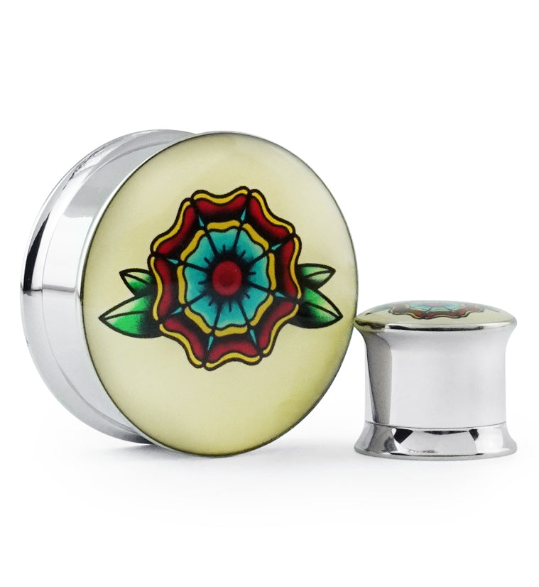 Traditional Flower Tattoo Steel Plugs