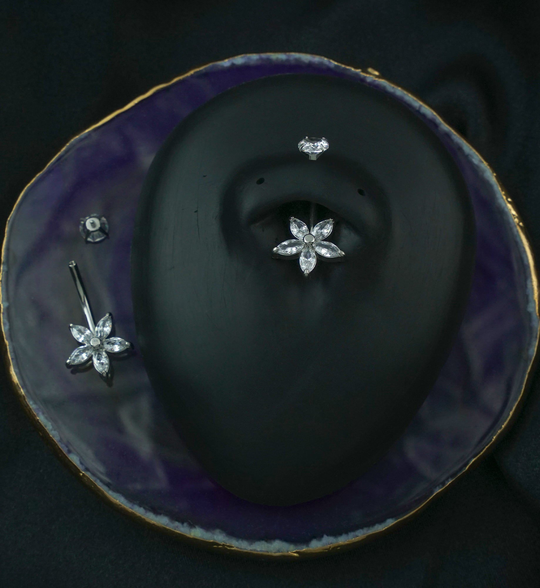 Marquise Flower Clear CZ Internally Threaded Stainless Steel Belly Button Ring