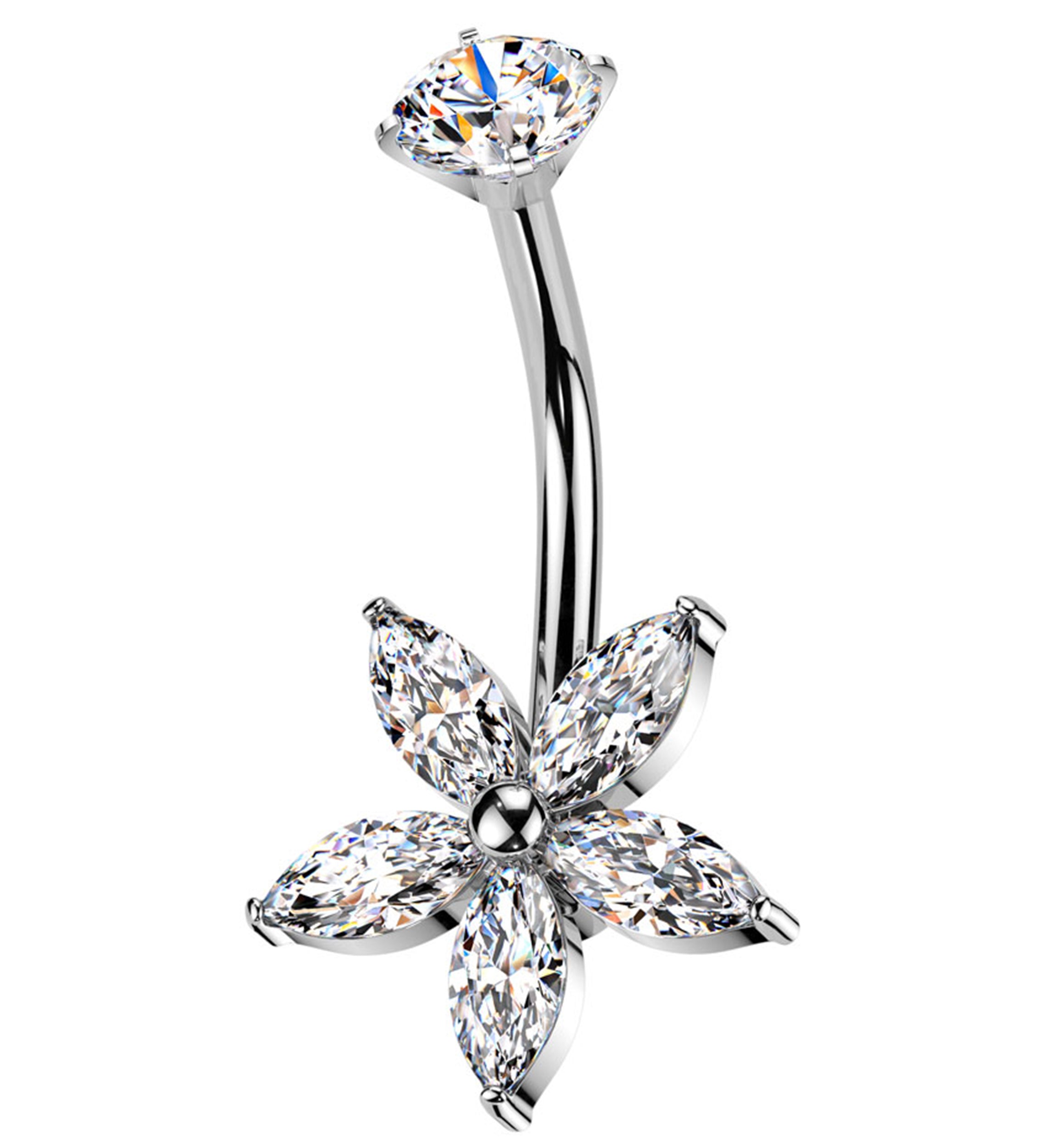 Marquise Flower Clear CZ Internally Threaded Stainless Steel Belly Button Ring