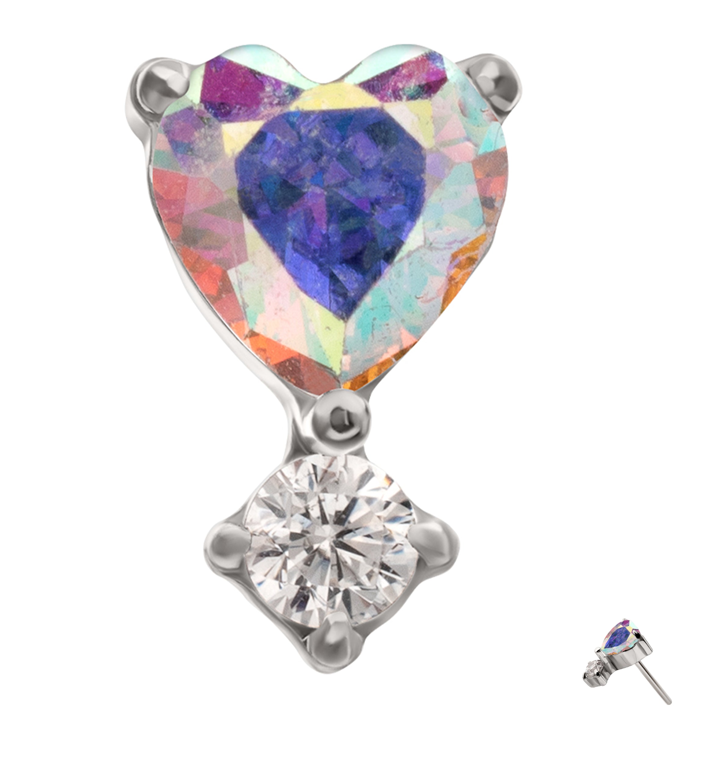 Mini Heart Dangle Rainbow Aurora CZ Titanium Threadless Top