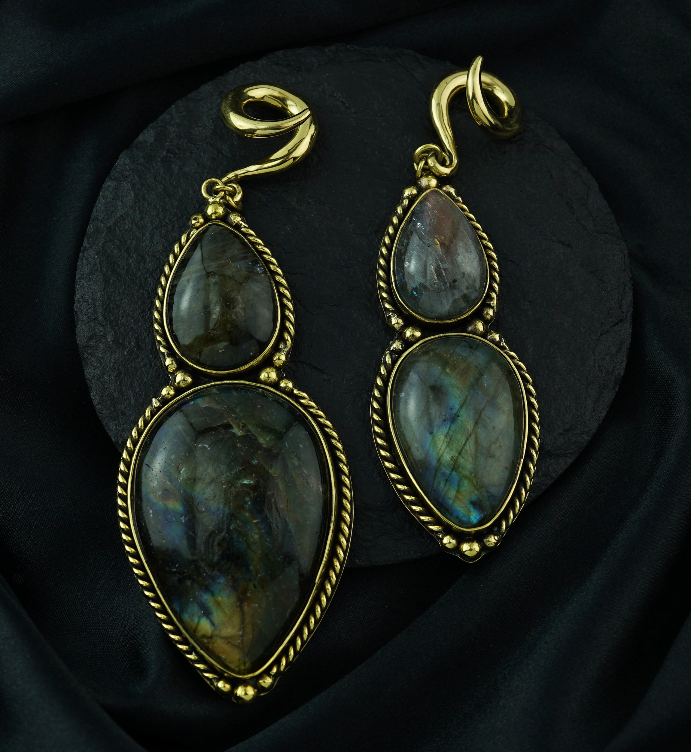 Mirrors Labradorite Stone Hanging Brass Ear Weights