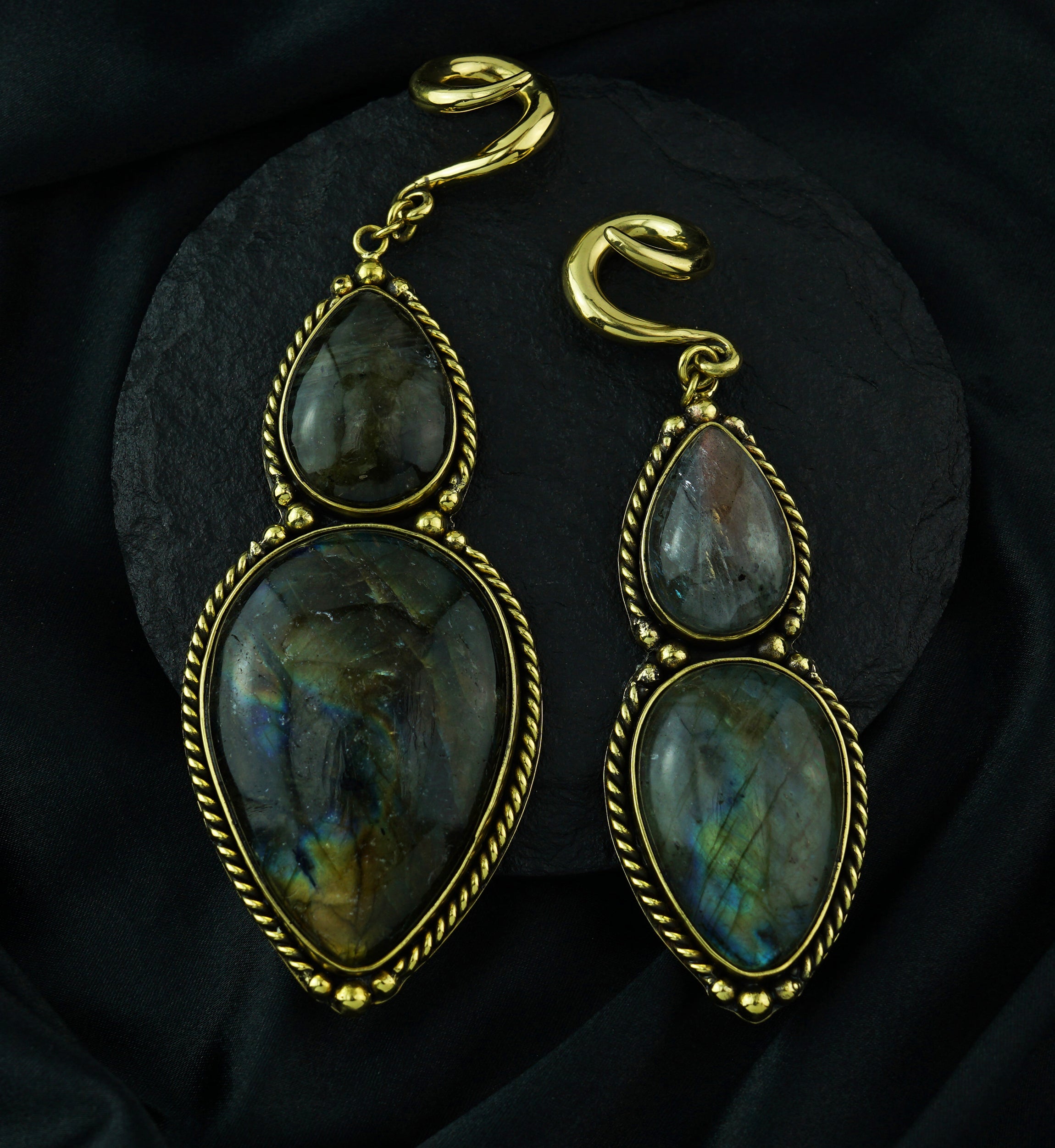 Mirrors Labradorite Stone Hanging Brass Ear Weights