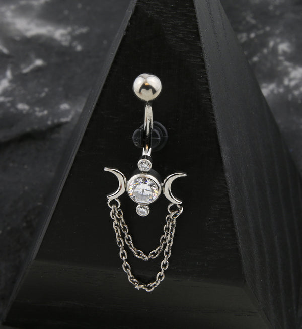 Moon Phase Clear CZ Double Dangle Chain Internally Threaded Titanium Belly Button Ring