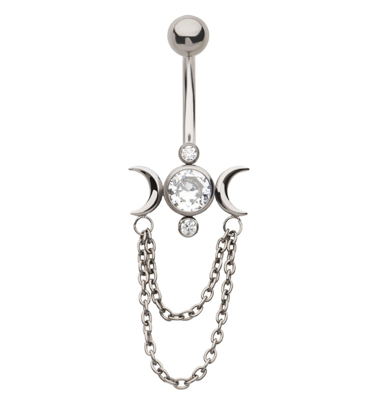 Moon Phase Clear CZ Double Dangle Chain Internally Threaded Titanium Belly Button Ring
