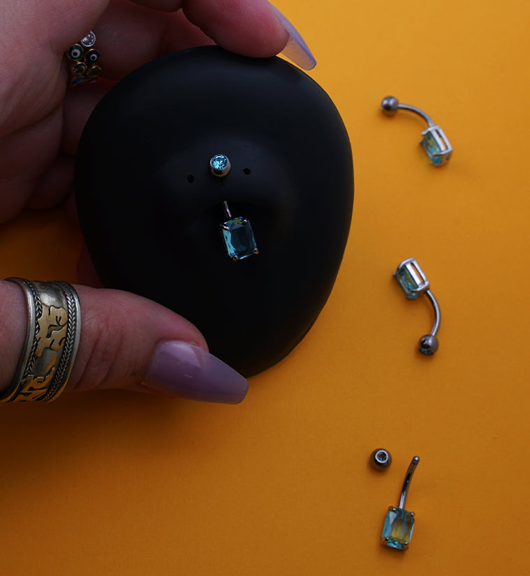 Oblong Brass Prong Aqua CZ Titanium Belly Button Ring