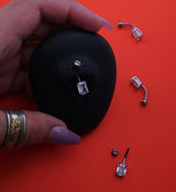 Oblong Brass Prong Clear CZ Titanium Belly Button Ring