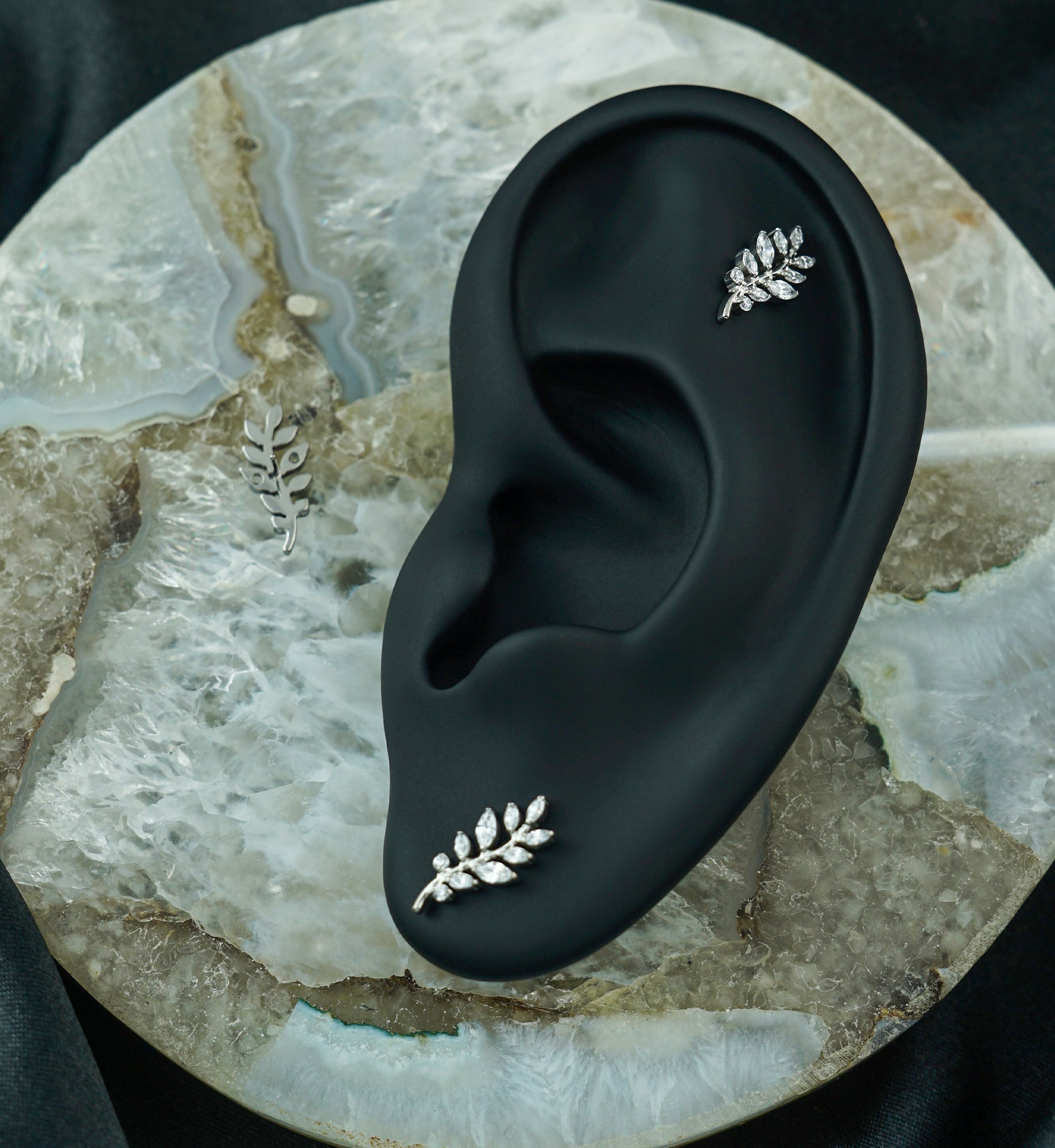 Olive Leaf Clear CZ Threadless Titanium Top