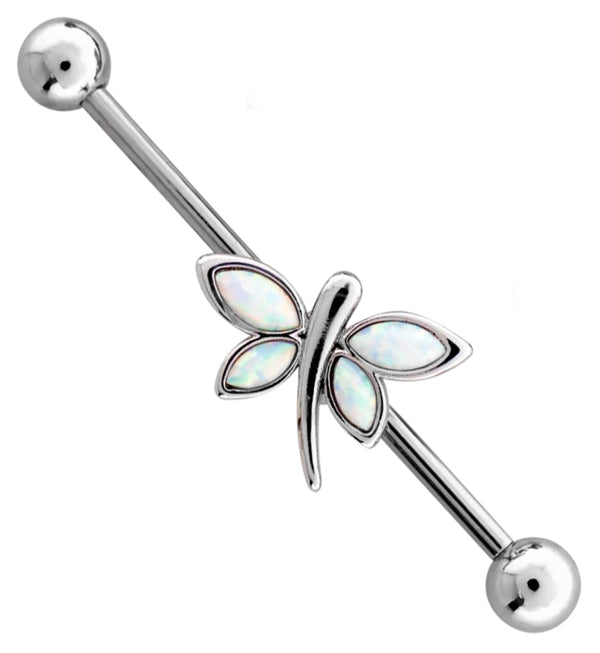 Dragonfly White Opalite Stainless Steel Industrial Barbell