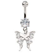 Opulent Butterfly Clear CZ Dangle Stainless Steel Belly Button Ring