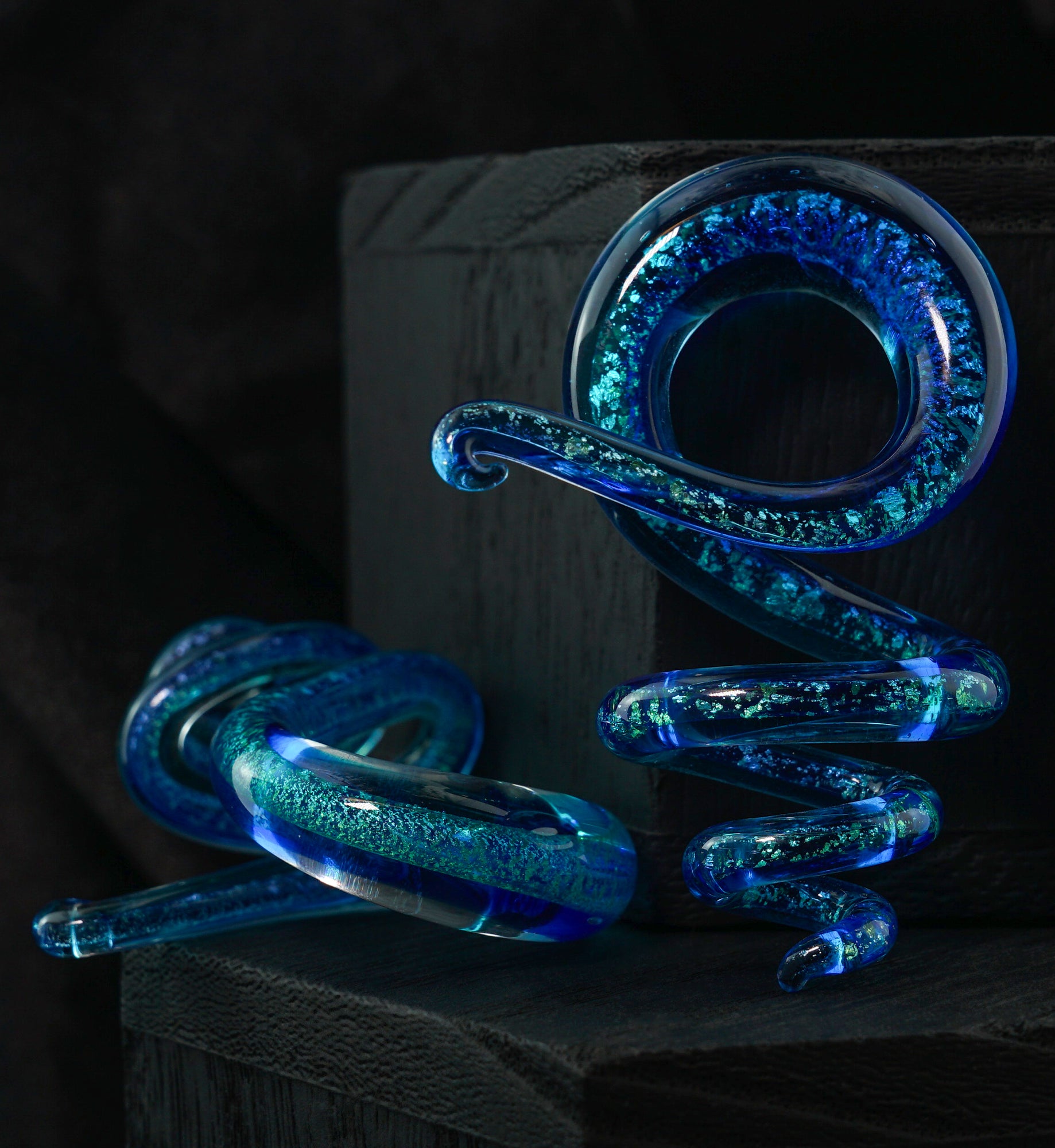 Orbital Blue Dichroic Glass Spirals