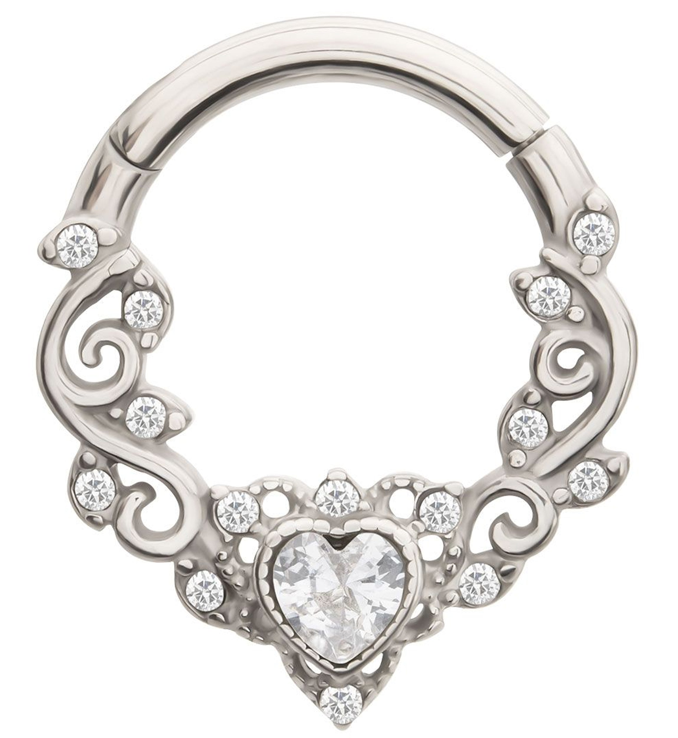 Ornamental Heart Clear CZ Stainless Steel Hinged Segment Ring