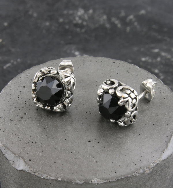 Ornate Black Square CZ Stainless Steel Stud Earrings