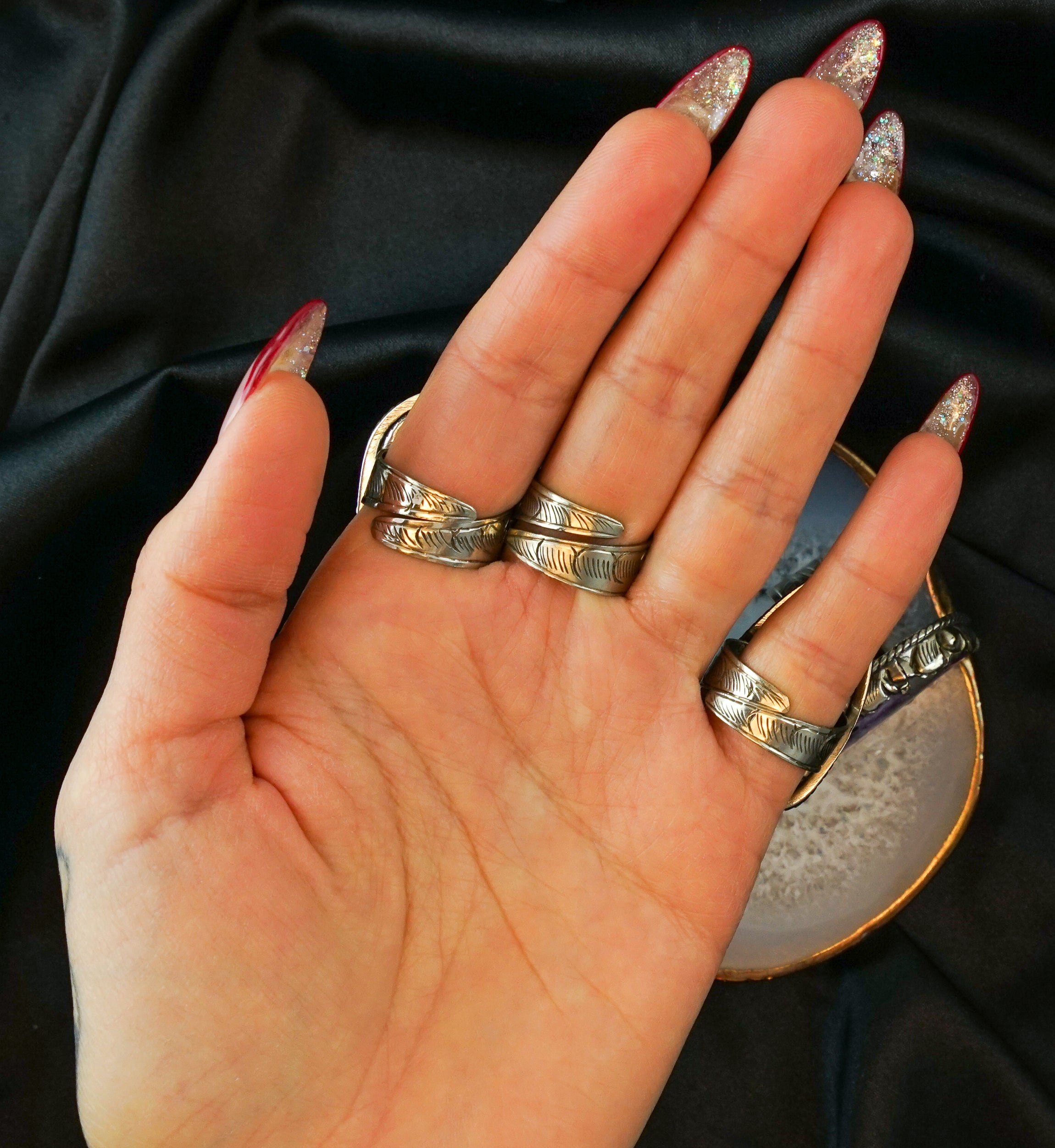 Ornate Charoite Stone White Brass Ring