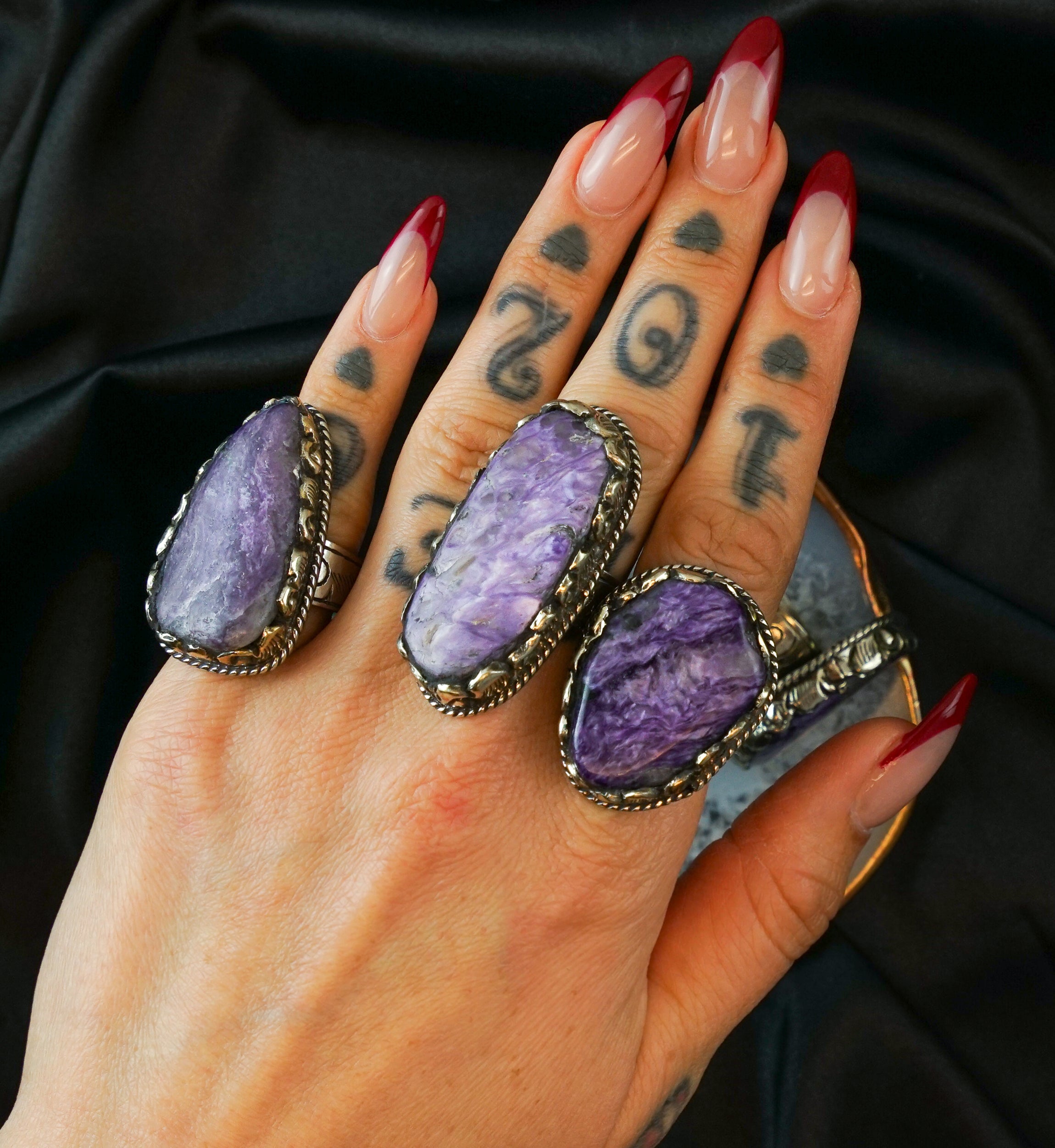 Ornate Charoite Stone White Brass Ring