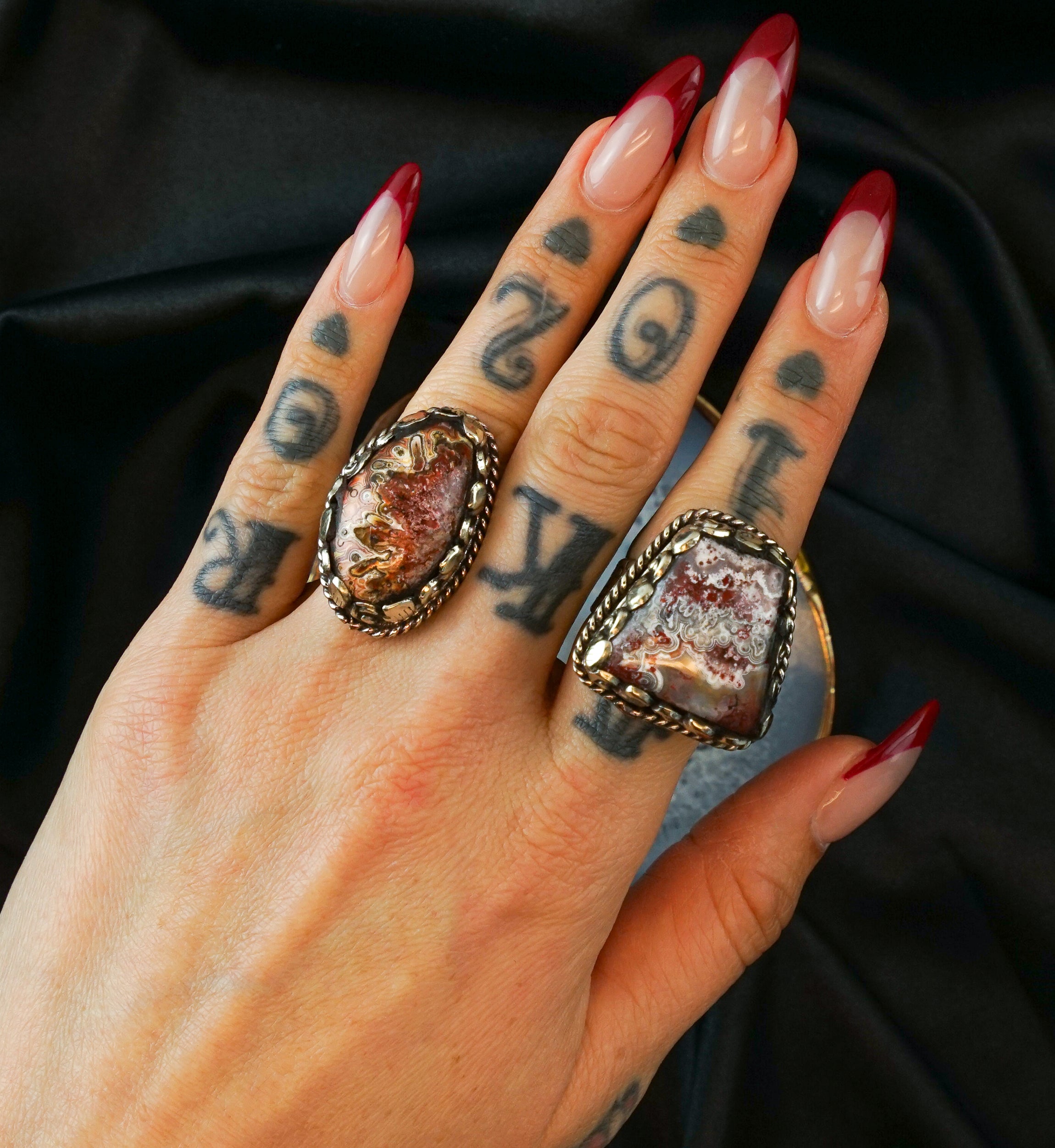 Ornate Crazy Lace Agate Stone White Brass Ring