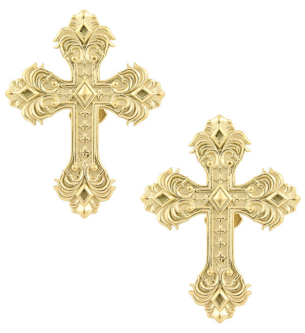 Gold PVD Ornate Cross Stainless Steel Ear Weights