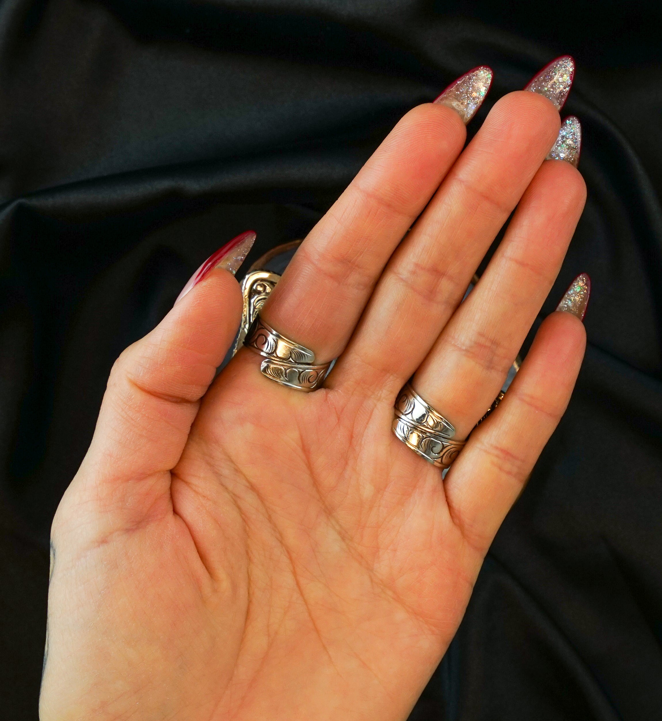 Ornate Fossilized Shark Tooth White Brass Ring
