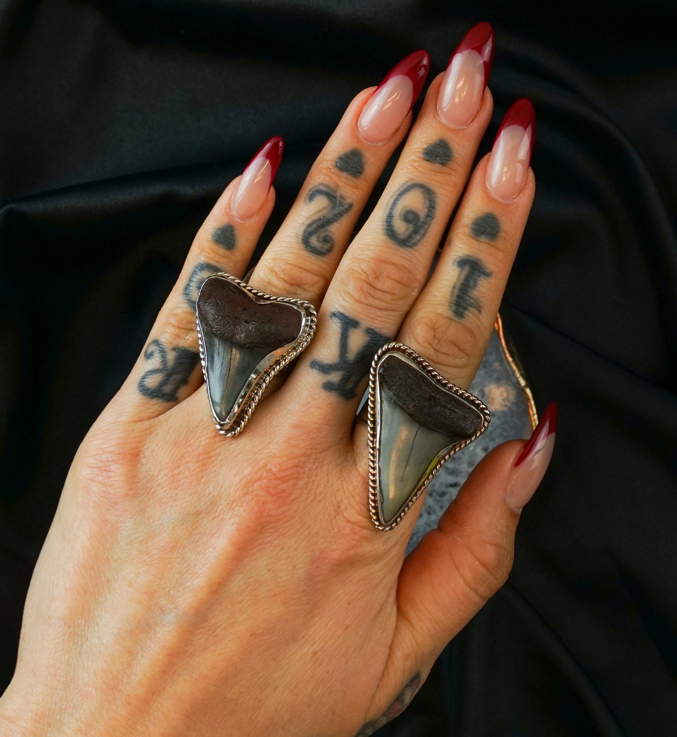 Ornate Fossilized Shark Tooth White Brass Ring