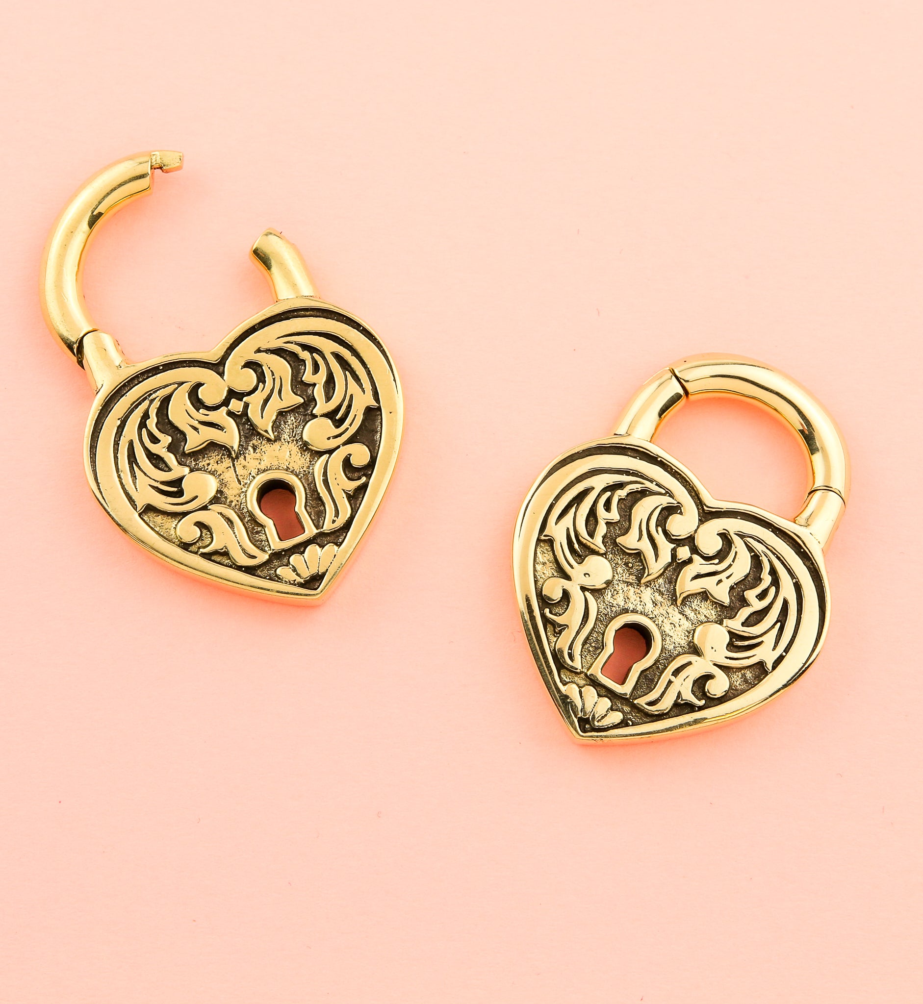 Ornate Heart Lock Brass Hinged Ear Weights