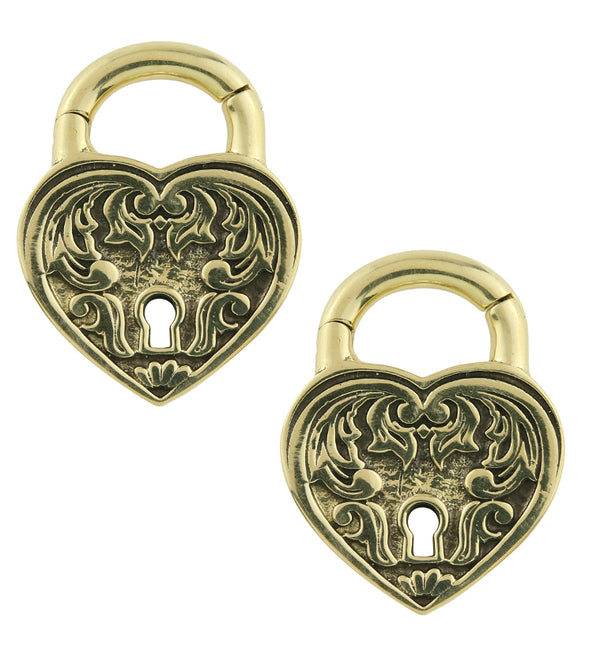 Ornate Heart Lock Brass Hinged Ear Weights