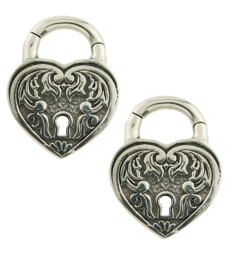 Ornate Heart Lock White Brass Hinged Ear Weights