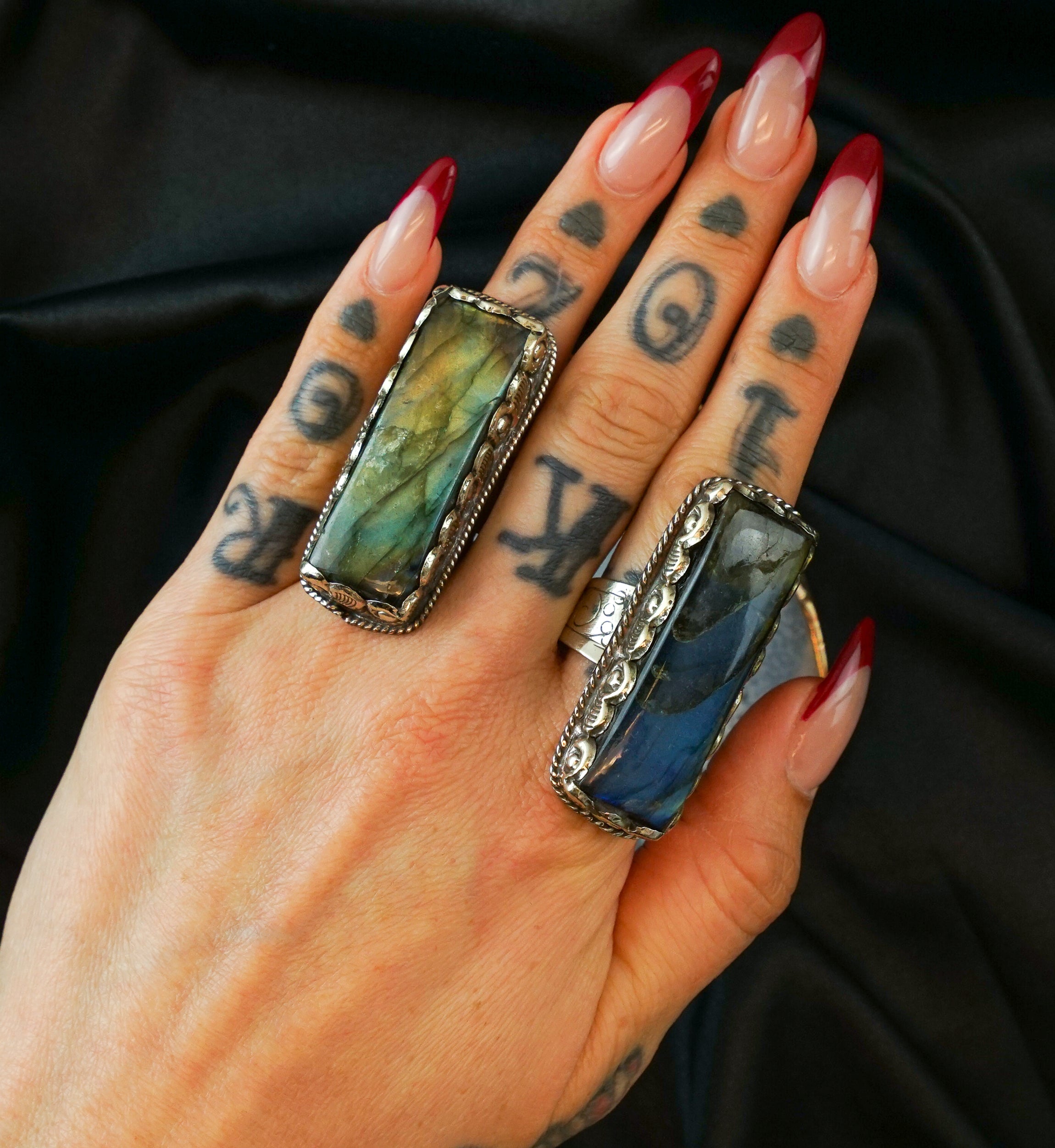 Ornate Rectangle Labradorite Stone White Brass Ring