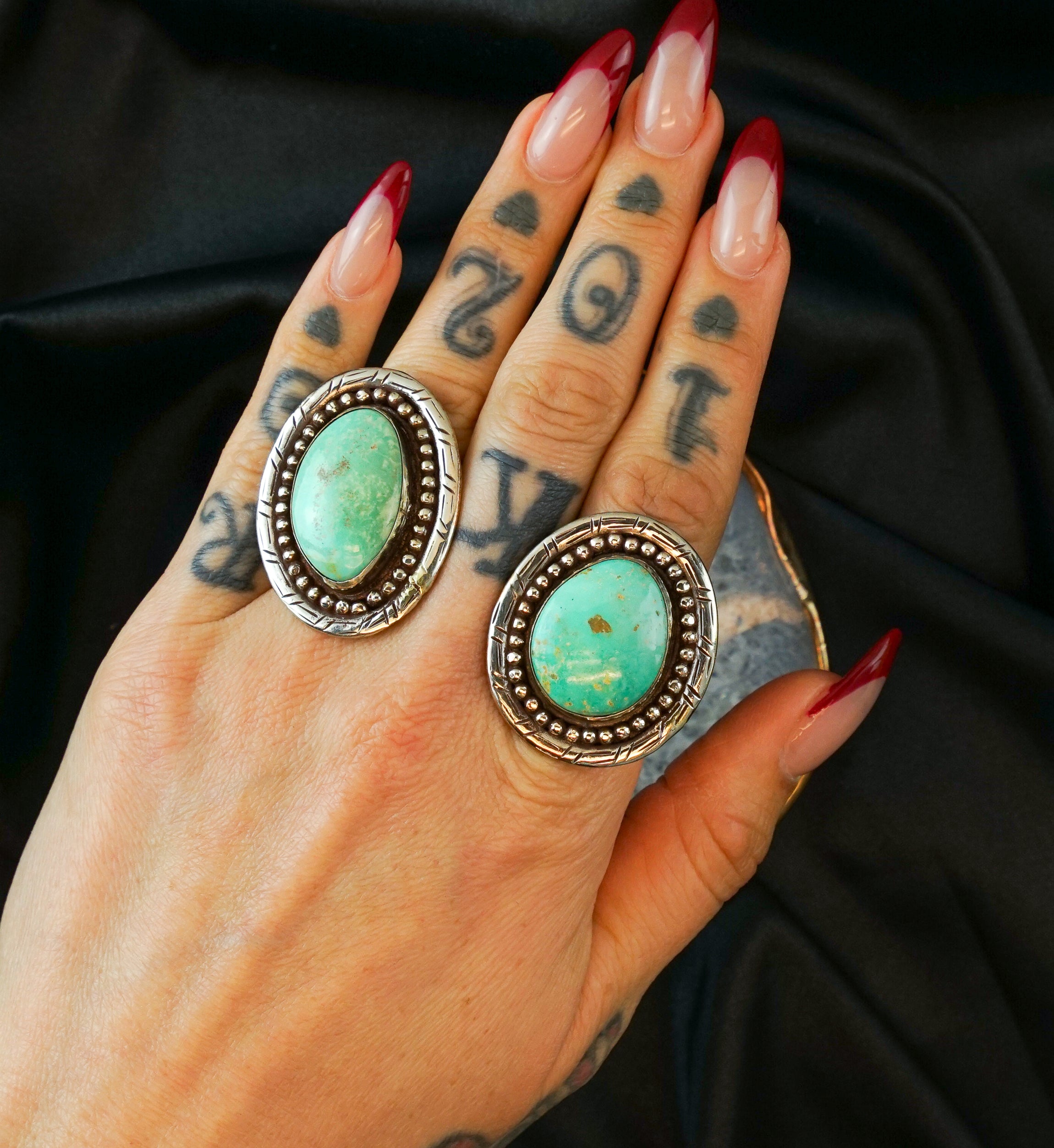 Ornate Round Turquoise Stone White Brass Ring