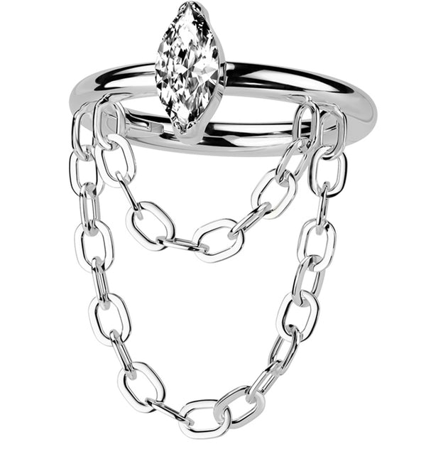 Outward Marquise CZ Double Dangle Chain Stainless Steel Hinged Segment Ring
