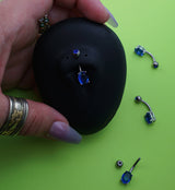 Oval Brass Prong Dark Blue CZ Titanium Belly Button Ring
