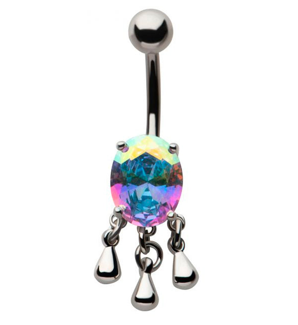 Oval Rainbow Aurora CZ Dangle Drops Stainless Steel Belly Button Ring