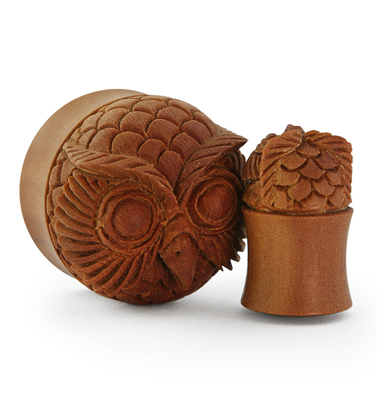 Carved Owl Wood Plugs