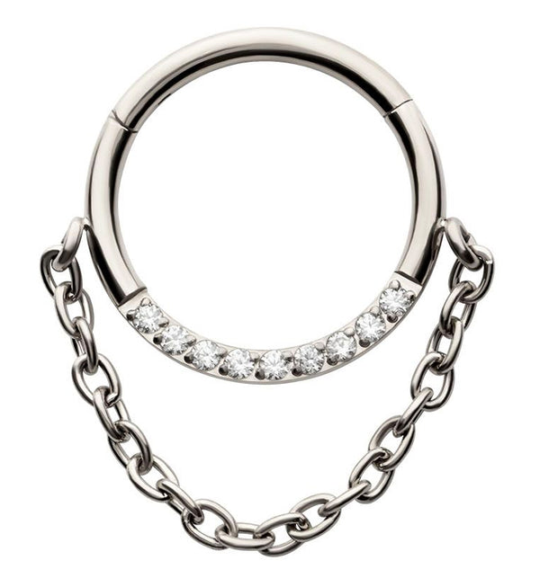 Pave Clear CZ Dangle Chain Stainless Steel Hinged Segment Ring