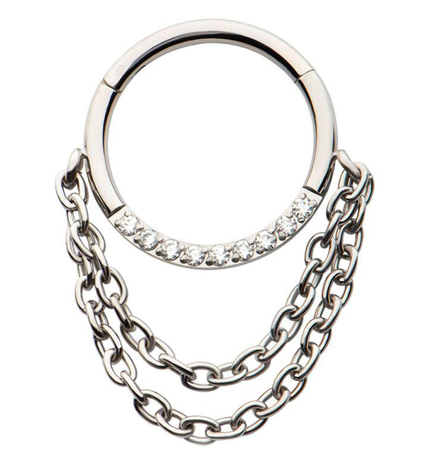 Pave Clear CZ Dual Dangle Chain Stainless Steel Hinged Segment Ring