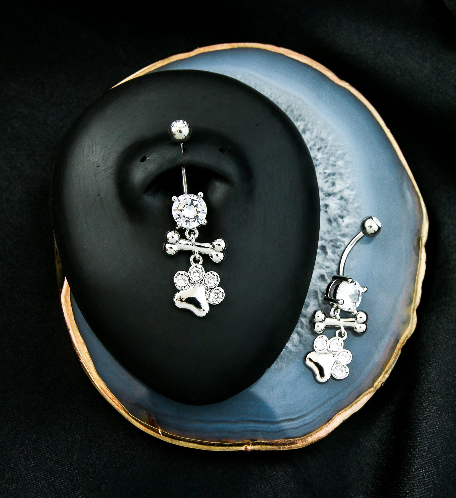 Paw Print And Bone Clear CZ Dangle Stainless Steel Belly Button Ring