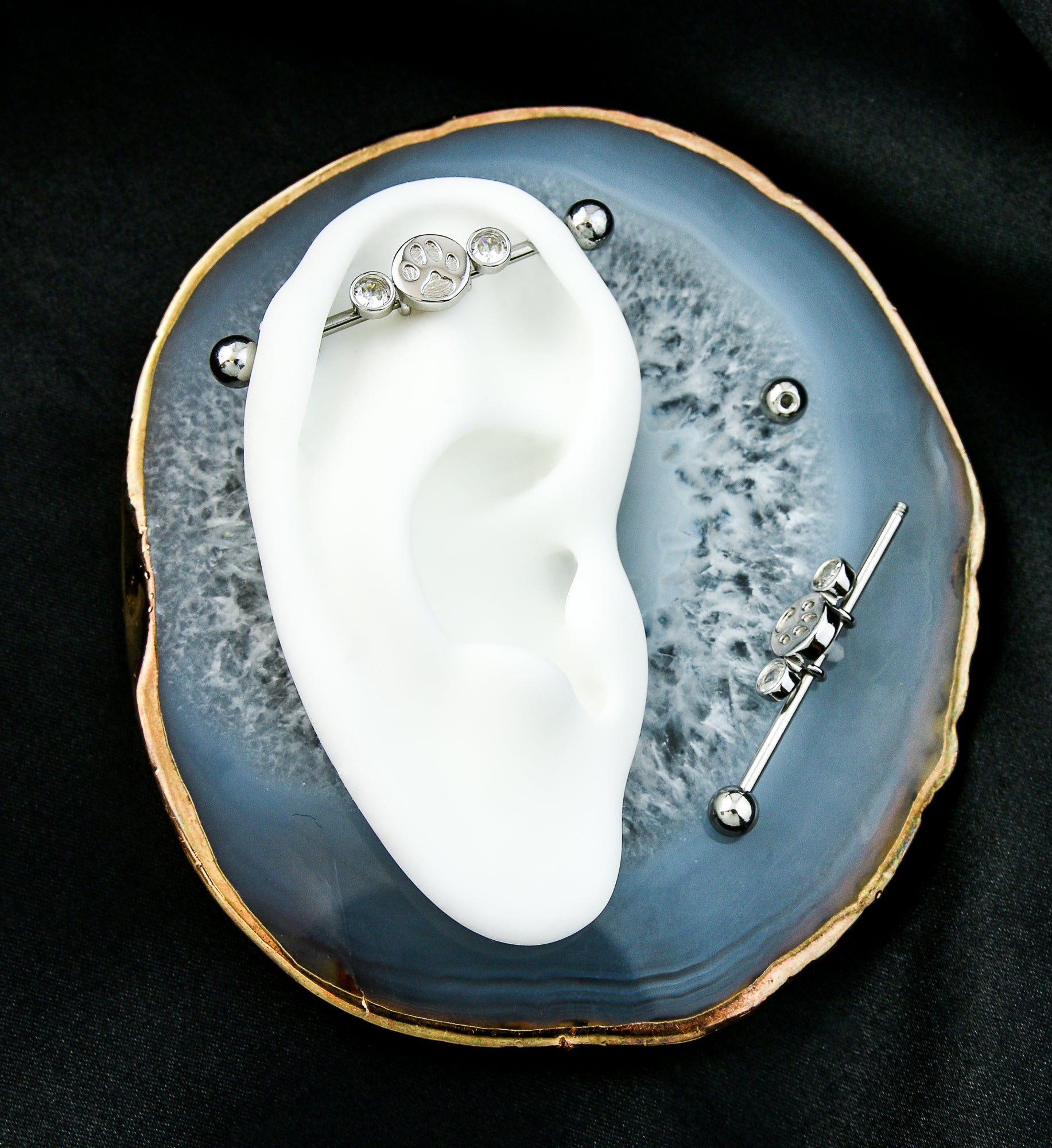 Paw Print Clear CZ Stainless Steel Industrial Barbell