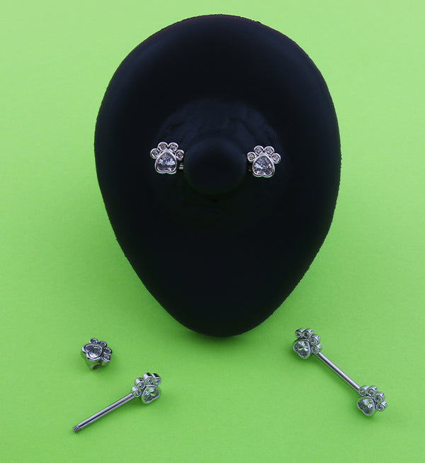Paw Print Clear CZ Stainless Steel Nipple Barbell
